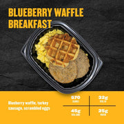 Blueberry Waffle Breakfast — blueberry waffle with turkey sausage and scrambled eggs; 570 calories, 32g fat, 45g carbs, 25g protein.
