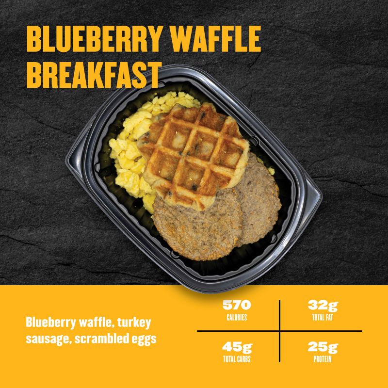 Blueberry Waffle Breakfast — blueberry waffle with turkey sausage and scrambled eggs; 570 calories, 32g fat, 45g carbs, 25g protein.
