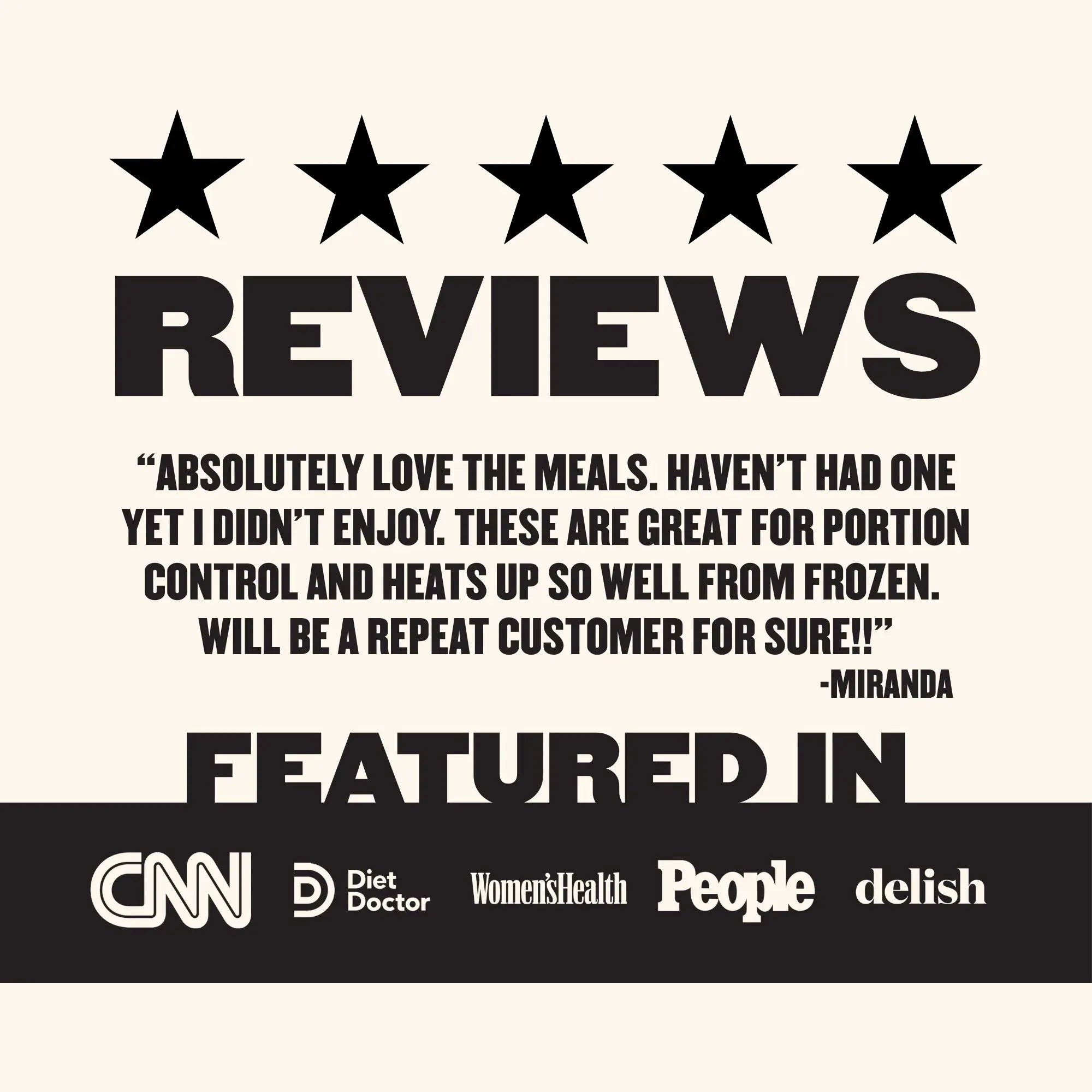 Five-star Clean Eatz Kitchen customer review featured in CNN, Diet Doctor, Women's Health, People, and Delish