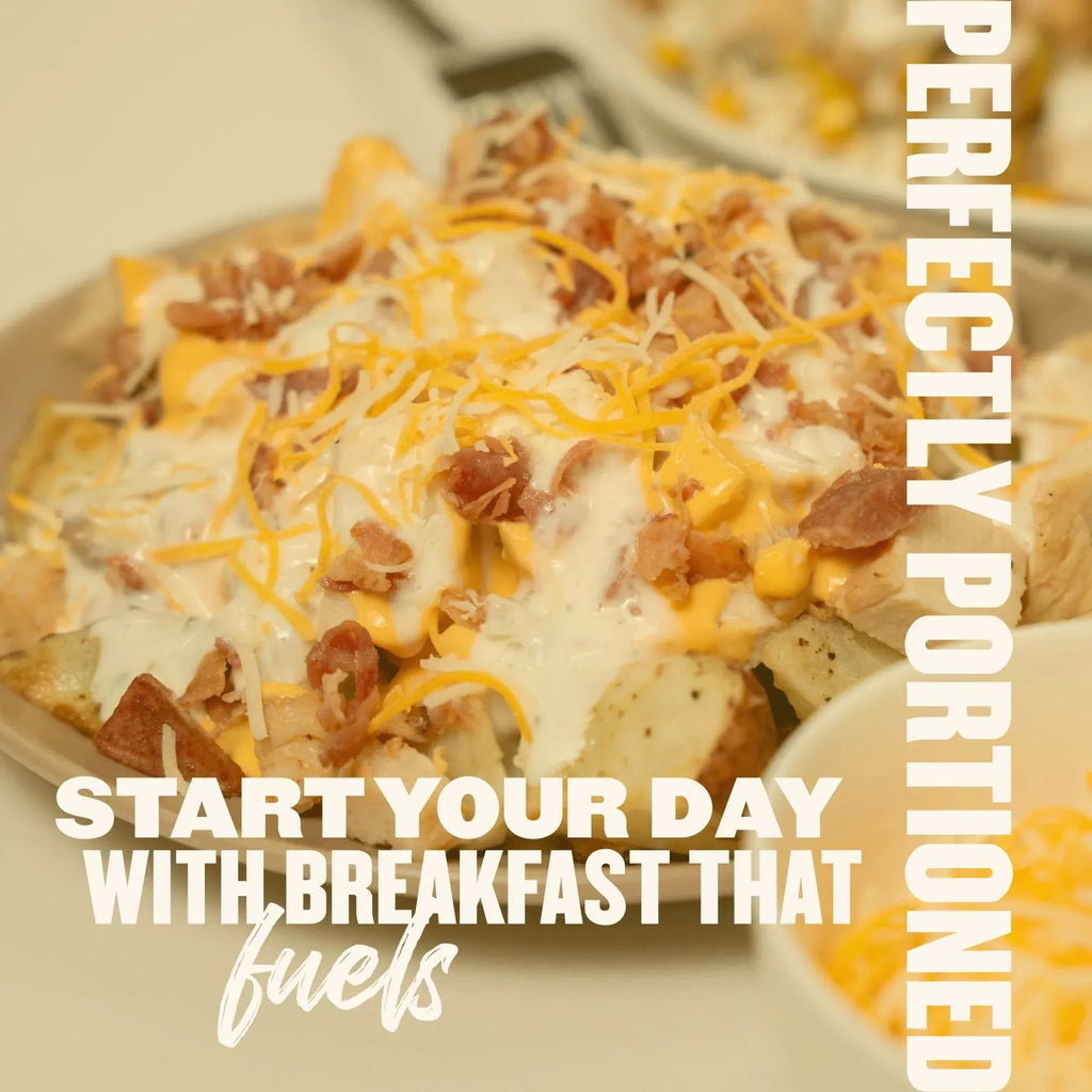Breakfast bowl with roasted potatoes, chicken, bacon, and cheese sauce from the breakfast meal plan