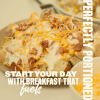 Breakfast bowl with roasted potatoes, chicken, bacon, and cheese sauce from the breakfast meal plan