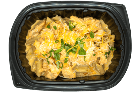 Buffalo chicken mac and cheese with spicy ranch drizzle