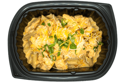 Buffalo chicken mac and cheese with spicy ranch drizzle