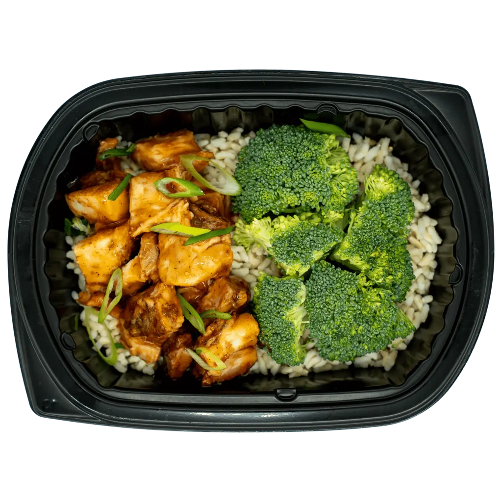 Tasty prepared meal with sesame-crusted protein and bok choy