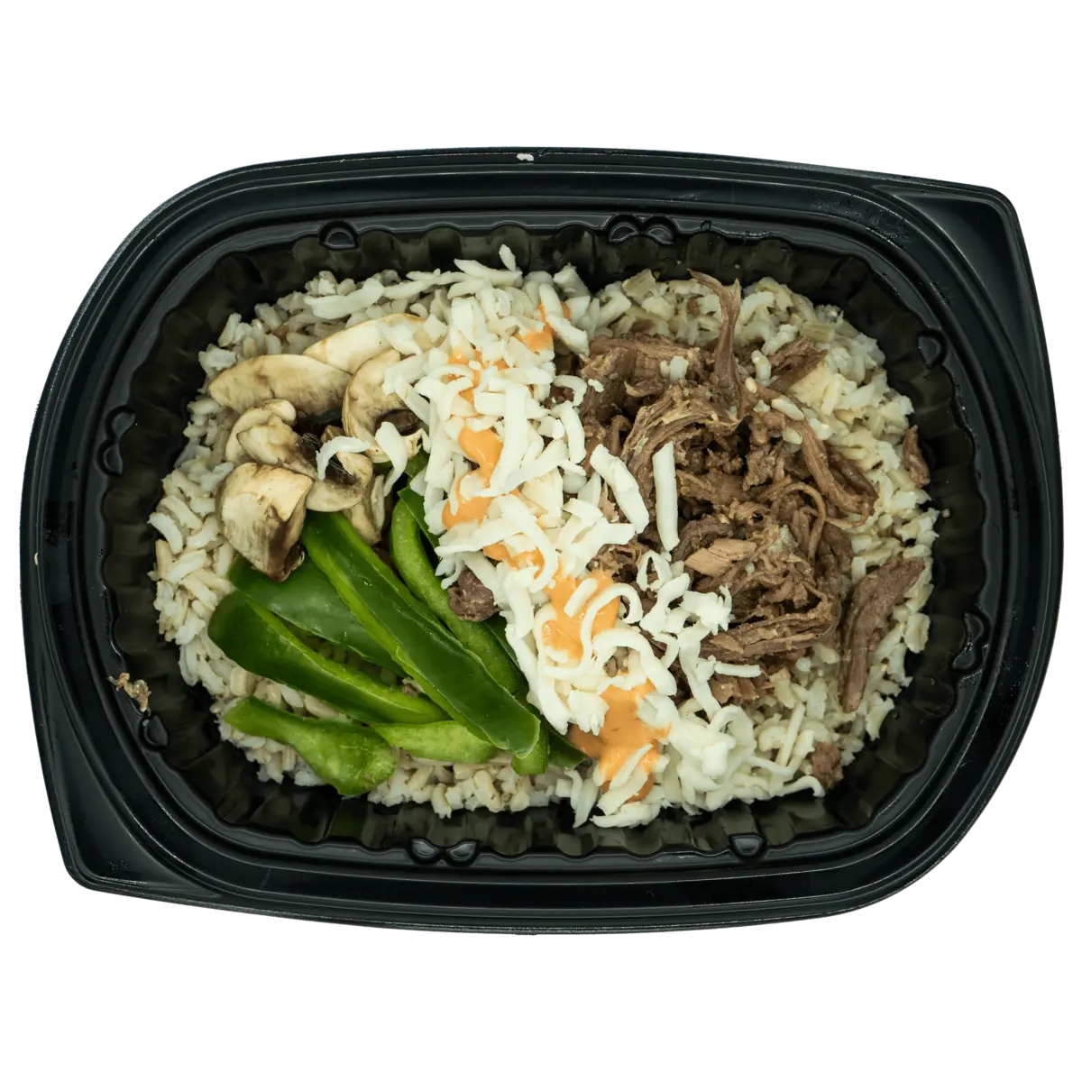 Savory prepared bowl with marinated protein and rice