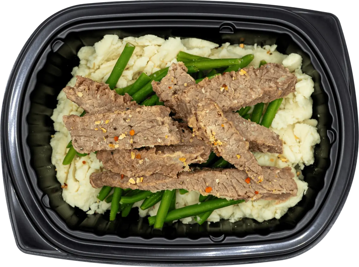 Well-balanced entree with glazed protein and steamed grains