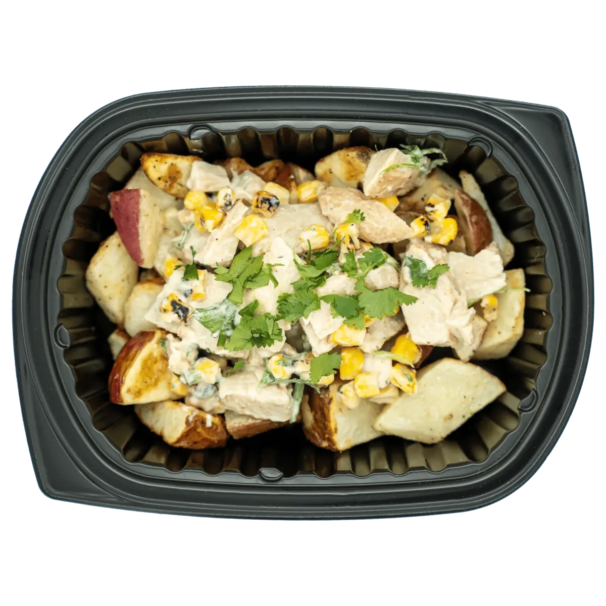 Sealed meal container with a complete protein-rich entree