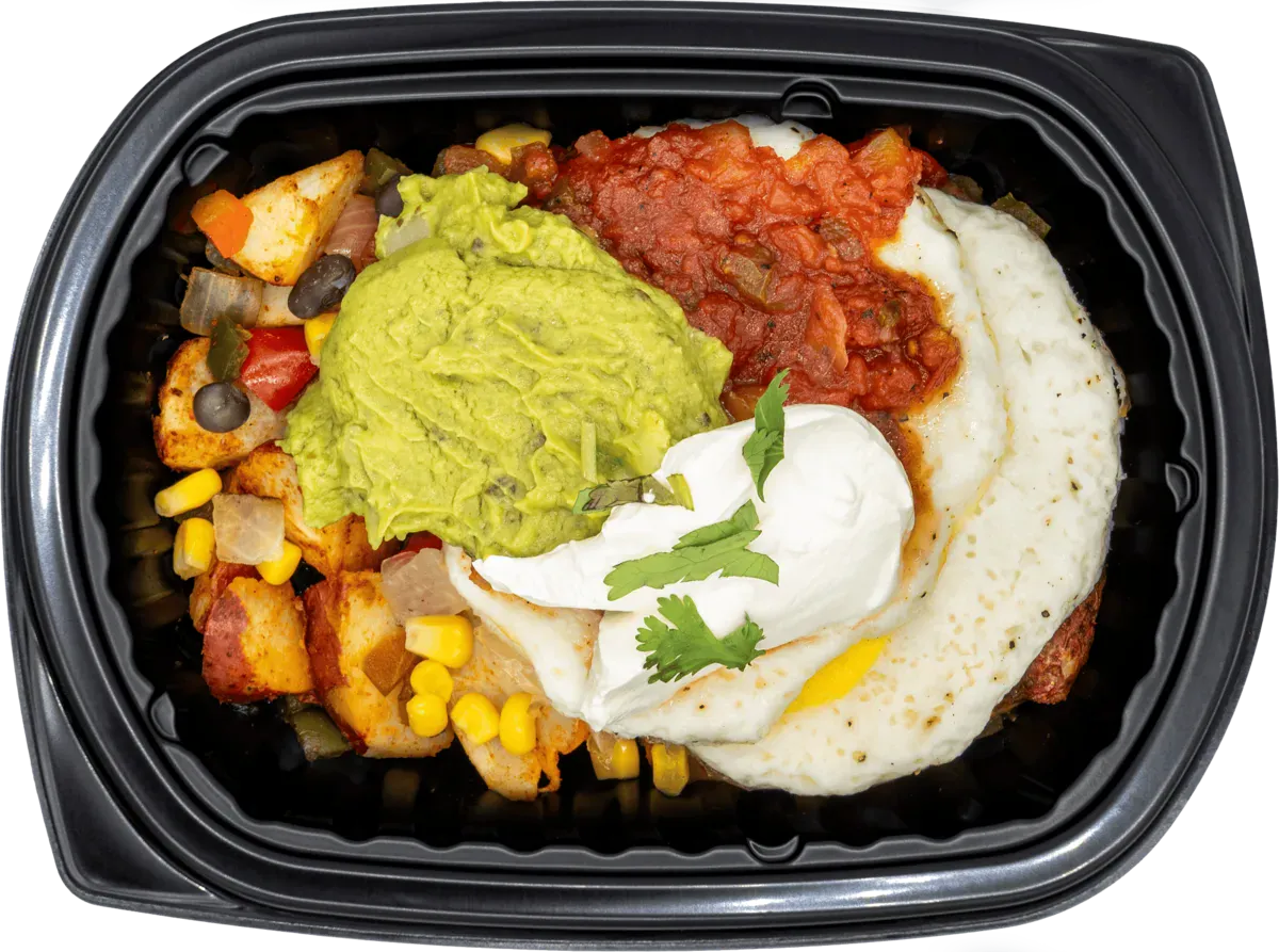Complete portioned entree with roasted protein and starches