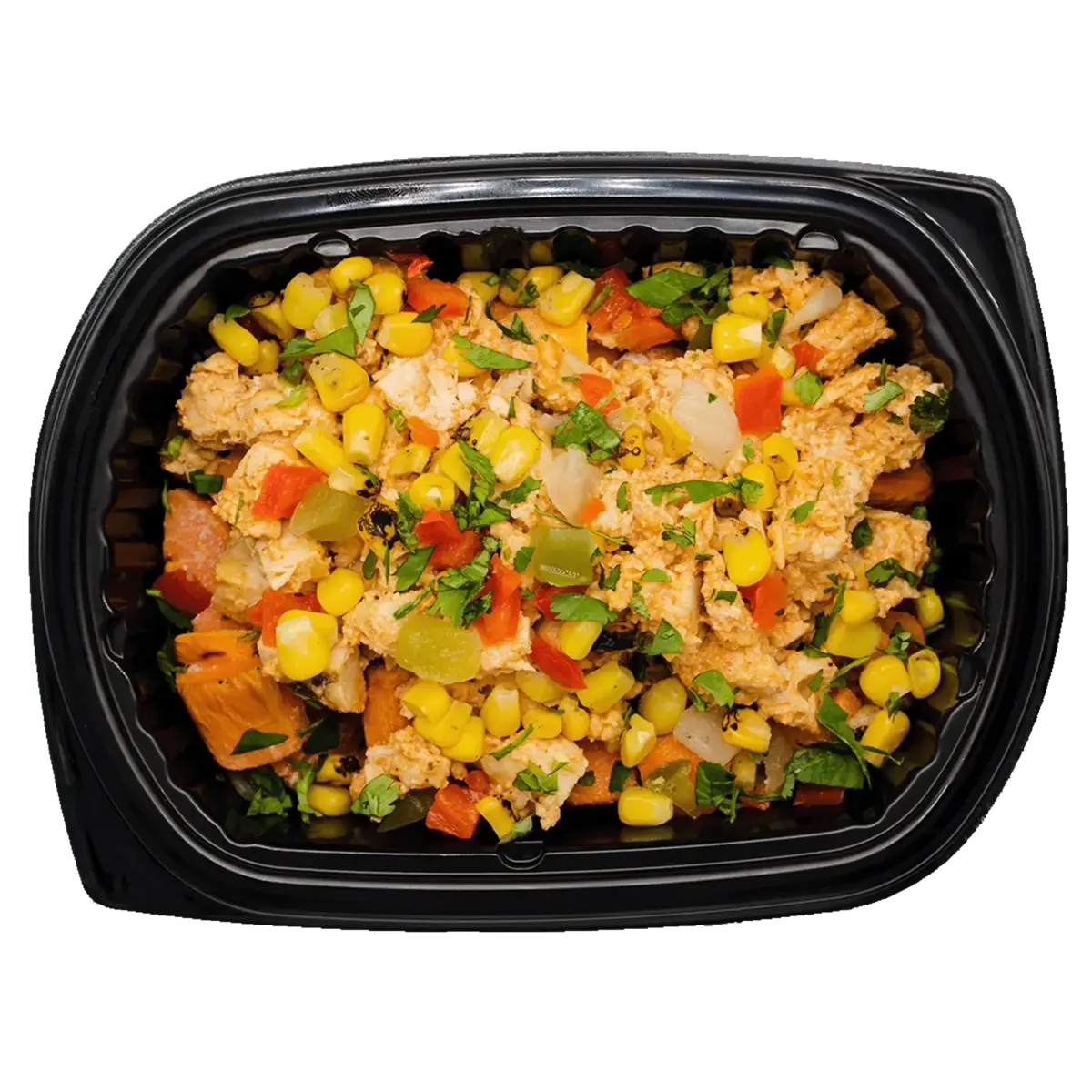 A prepared food meal in a black plastic clamshell container, featuring cooked chicken mixed with yellow corn, diced red bell peppers, onions, and chopped green herbs, photographed on a plain white background.