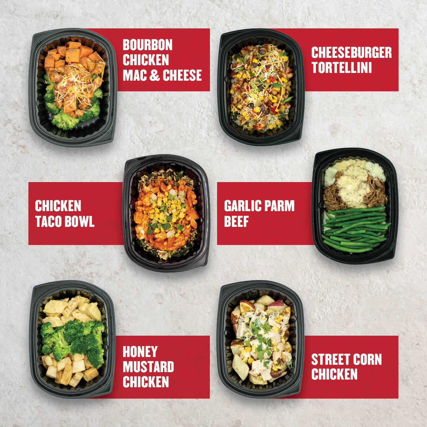 Clean Eatz Kitchen meal prep Clean Box B showcasing six hearty and flavorful meals: BBQ Chicken Tochos, Burrito Bowl, Chicken Adobo, Mandarin Orange Chicken, Meatlovers Pizza Bowl, and Steakhouse Bowl. High-protein meal prep for healthy eating and satisfying clean meals. Clean Eatz Kitchen meal plan for fitness and clean living.