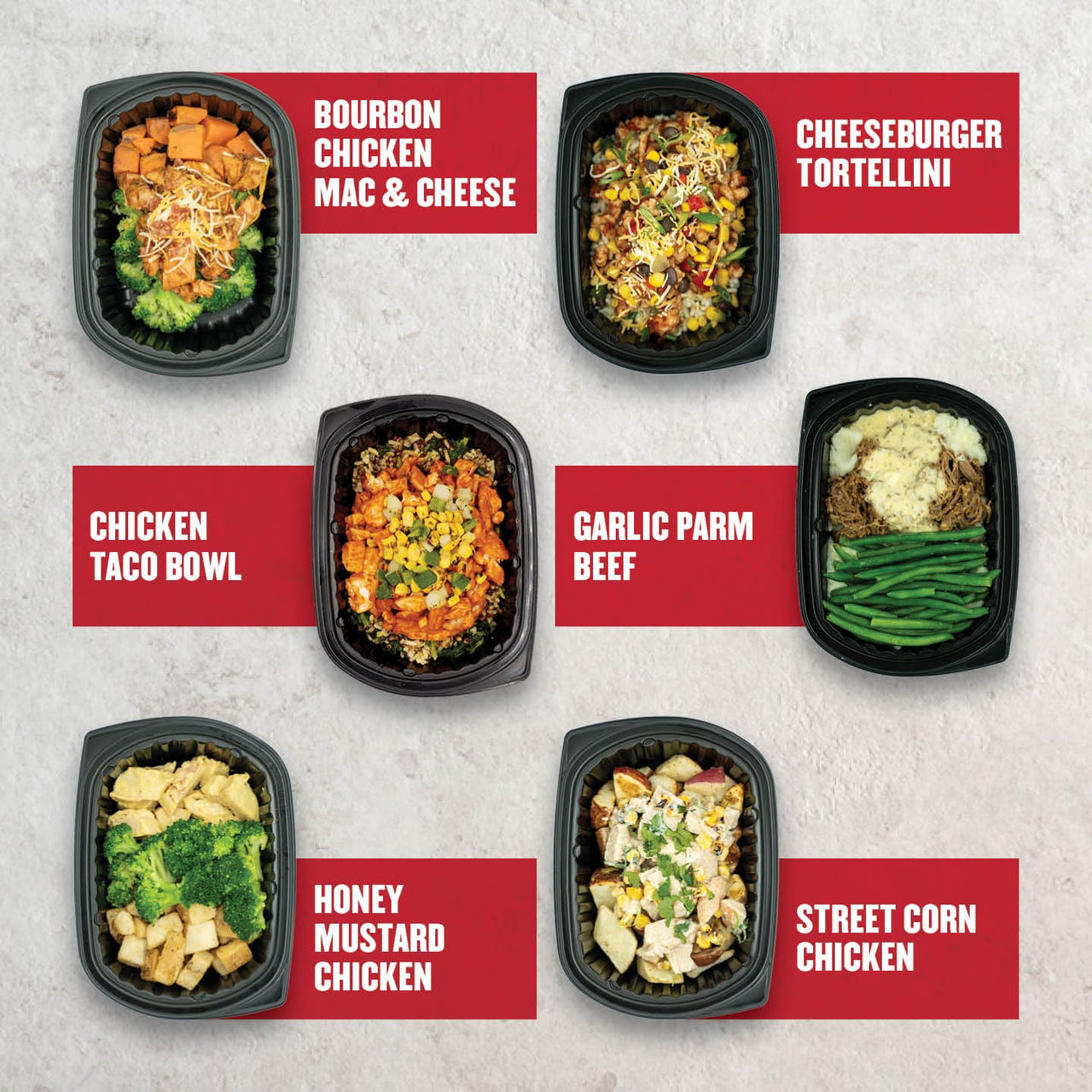 Clean Eatz Kitchen meal prep Clean Box B showcasing six hearty and flavorful meals: BBQ Chicken Tochos, Burrito Bowl, Chicken Adobo, Mandarin Orange Chicken, Meatlovers Pizza Bowl, and Steakhouse Bowl. High-protein meal prep for healthy eating and satisfying clean meals. Clean Eatz Kitchen meal plan for fitness and clean living.