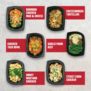 Clean Eatz Kitchen meal prep Clean Box B showcasing six hearty and flavorful meals: BBQ Chicken Tochos, Burrito Bowl, Chicken Adobo, Mandarin Orange Chicken, Meatlovers Pizza Bowl, and Steakhouse Bowl. High-protein meal prep for healthy eating and satisfying clean meals. Clean Eatz Kitchen meal plan for fitness and clean living.