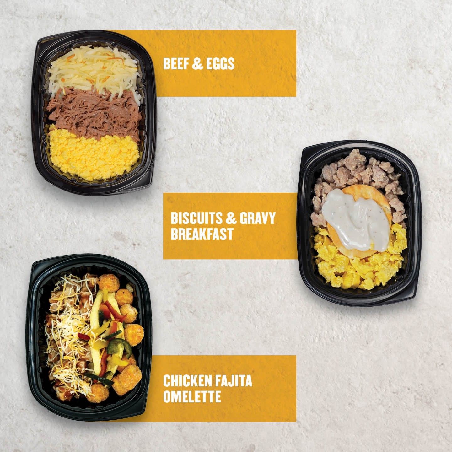 Clean Eatz Kitchen Breakfast Box featuring three hearty breakfast options: Beef & Eggs, Biscuits & Gravy Breakfast, and Chicken Fajita Omelette. High-protein breakfast meals perfect for clean eating and meal prep. Clean Eatz Kitchen breakfast solutions for a balanced, protein-packed start to the day.