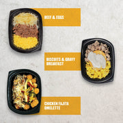 Clean Eatz Kitchen Breakfast Box featuring three hearty breakfast options: Beef & Eggs, Biscuits & Gravy Breakfast, and Chicken Fajita Omelette. High-protein breakfast meals perfect for clean eating and meal prep. Clean Eatz Kitchen breakfast solutions for a balanced, protein-packed start to the day.