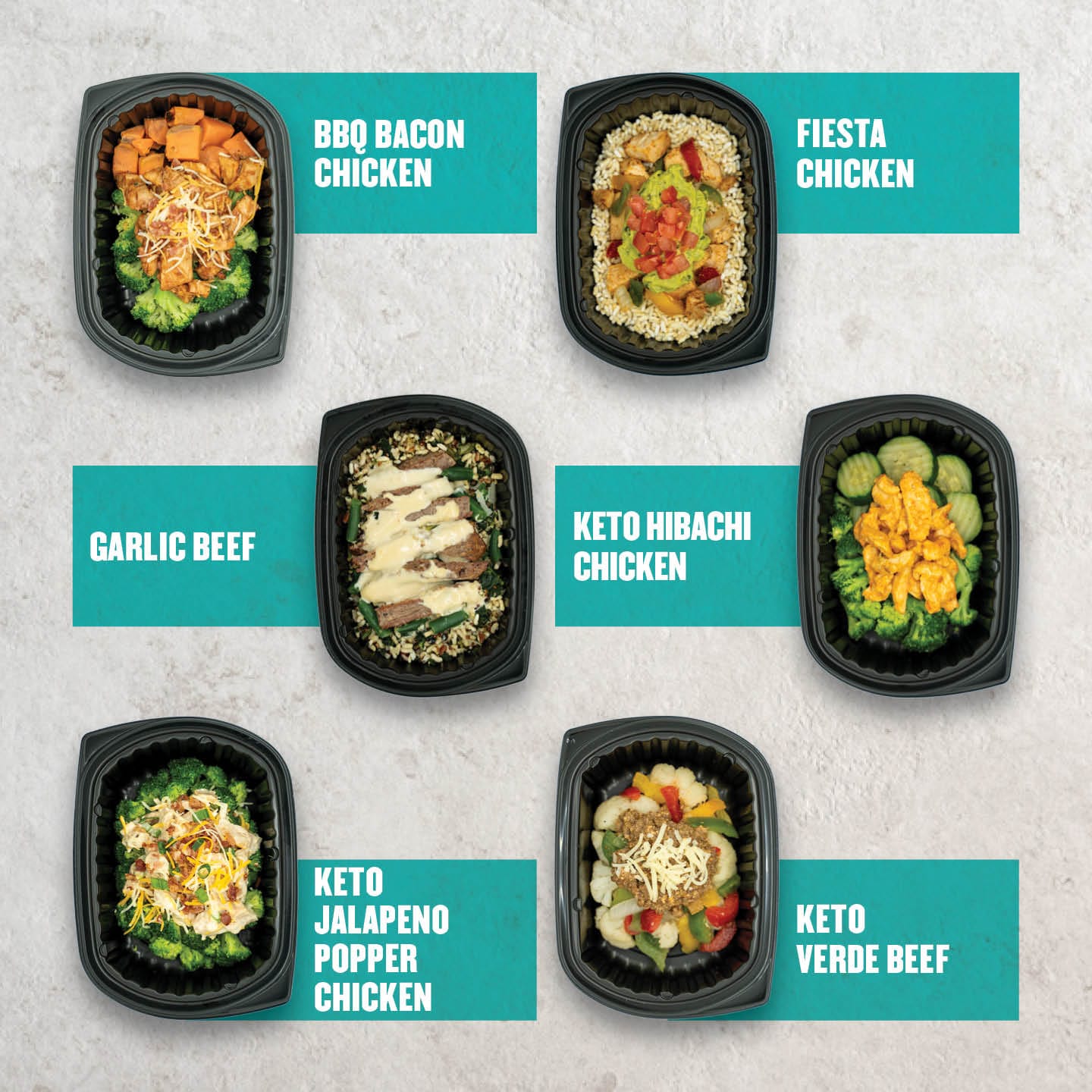 Summer Shred Box (Group Image): A collection of six meal prep dishes from Clean Eatz Kitchen, featuring a variety of high-protein, low-carb, and keto-friendly meals. Meals include BBQ Bacon Chicken, Fiesta Chicken, Garlic Beef, Keto Hibachi Chicken, Keto Jalapeno Popper Chicken, and Keto Verde Beef.
