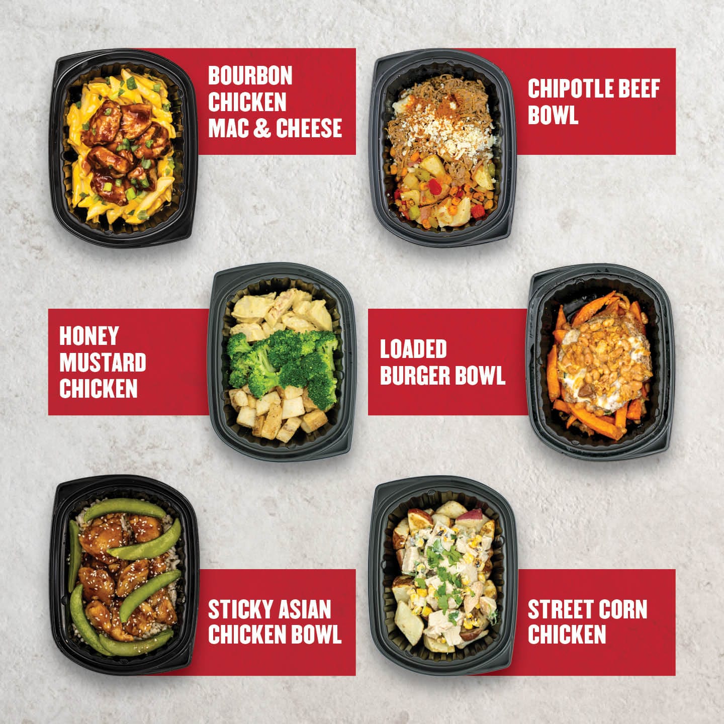 Clean Eatz Clean Box B meal lineup including Bourbon Chicken Mac & Cheese, Chipotle Beef Bowl, Honey Mustard Chicken, Loaded Burger Bowl, Sticky Asian Chicken Bowl, and Street Corn Chicken—high-protein variety pack.