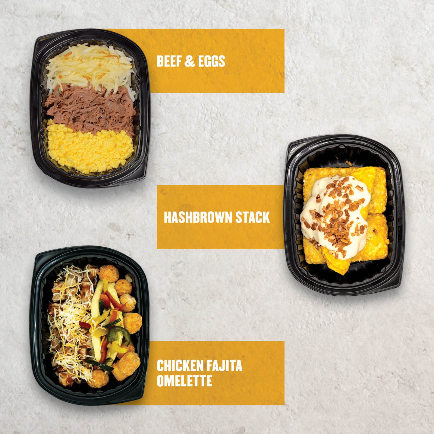 Clean Eatz breakfast meal trio including Beef & Eggs, Hashbrown Stack, and Chicken Fajita Omelette—high-protein frozen meals to fuel your morning.