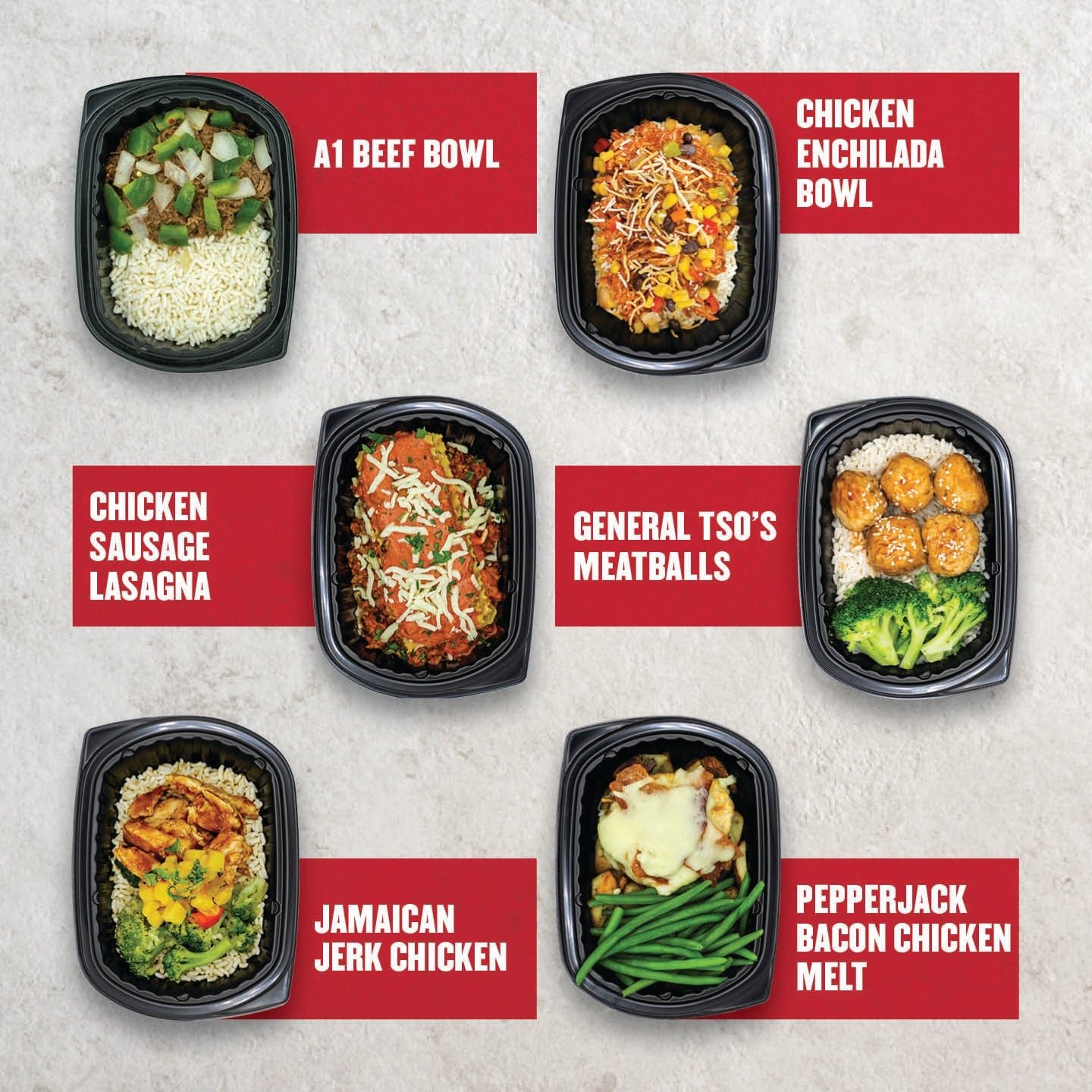 "Six assorted healthy frozen meals from Clean Eatz Kitchen including A1 Beef Bowl, Chicken Enchilada Bowl, Chicken Sausage Lasagna, General Tso’s Meatballs, Jamaican Jerk Chicken, and Pepperjack Bacon Chicken Melt in black meal prep containers"

