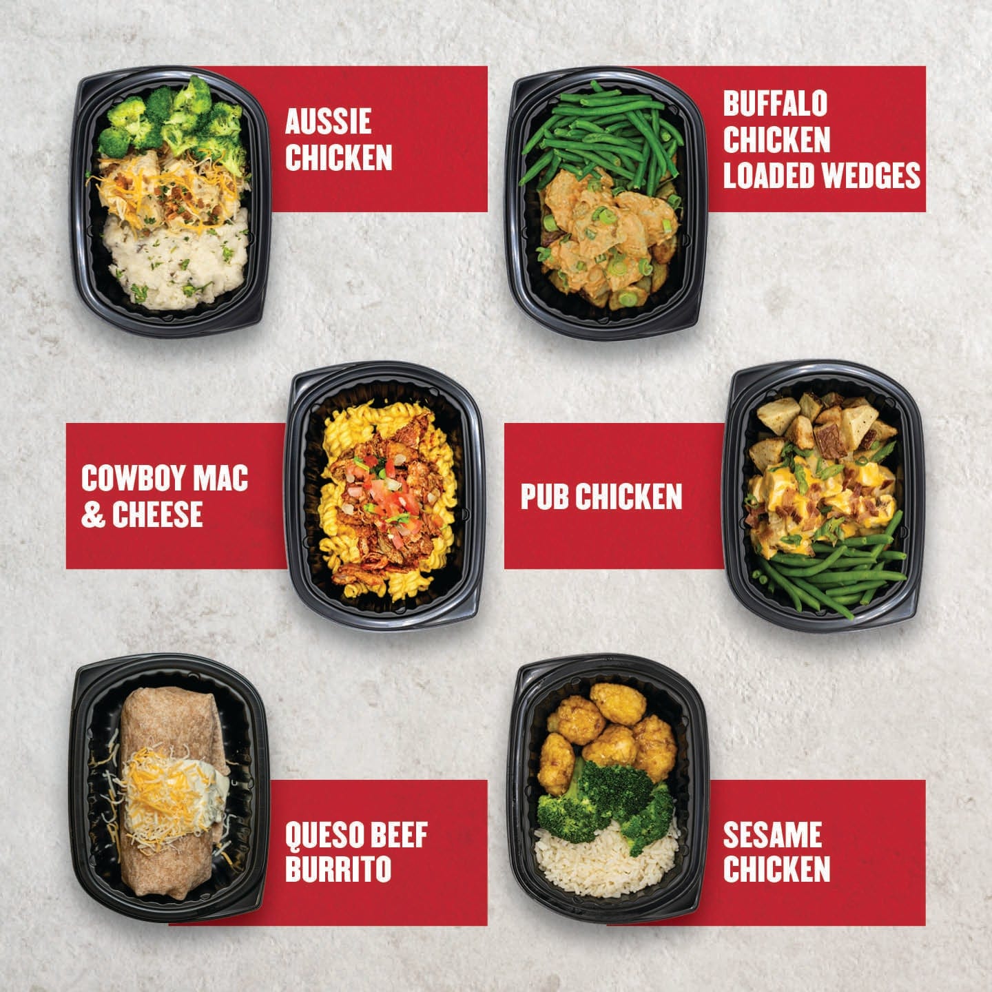 Assorted Clean Eatz Kitchen meals from Clean Box B including Aussie Chicken, Buffalo Chicken Loaded Wedges, Cowboy Mac & Cheese, Pub Chicken, Queso Beef Burrito, and Sesame Chicken in black trays on a light background.
