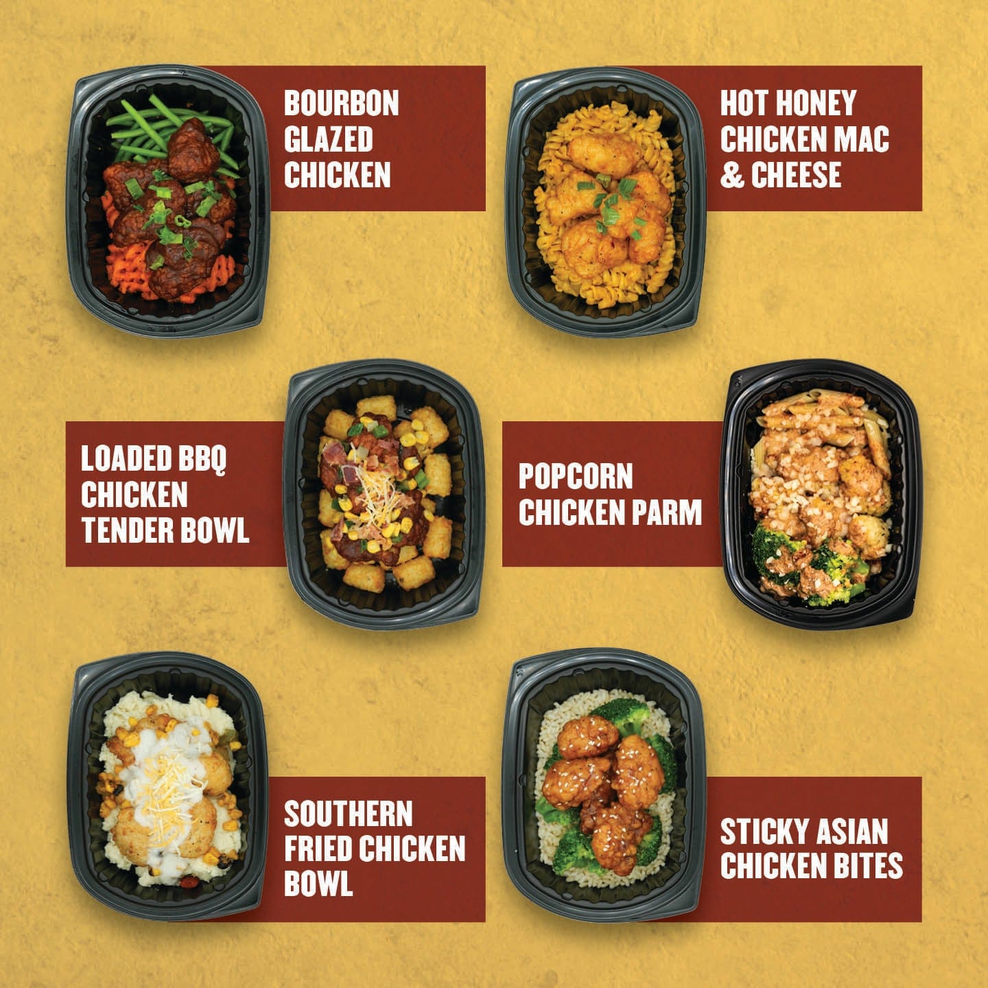 Clean Eatz Kitchen Chicken Tender Box – six ready-to-eat meals including Bourbon Glazed Chicken, Hot Honey Chicken Mac & Cheese, Loaded BBQ Chicken Tender Bowl, Popcorn Chicken Parm, Southern Fried Chicken Bowl, and Sticky Asian Chicken Bites in black meal prep trays.
