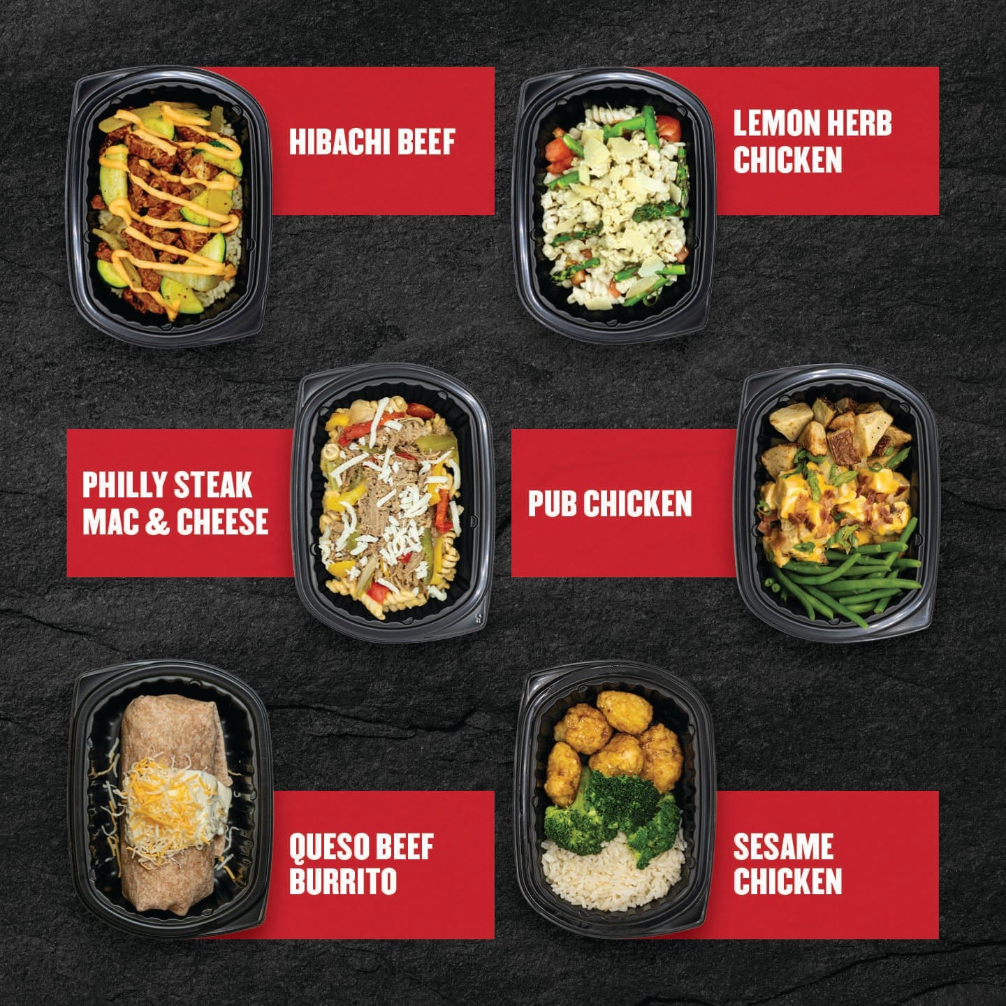 Clean Eatz Kitchen fan-favorite comfort meals including Hibachi Beef, Lemon Herb Chicken, Philly Steak Mac & Cheese, Pub Chicken, Queso Beef Burrito, and Sesame Chicken—wholesome frozen entrees with balanced macros for a nutritious lifestyle.