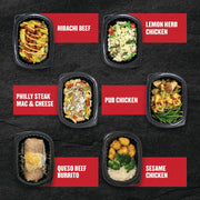 Clean Eatz Kitchen fan-favorite comfort meals including Hibachi Beef, Lemon Herb Chicken, Philly Steak Mac & Cheese, Pub Chicken, Queso Beef Burrito, and Sesame Chicken—wholesome frozen entrees with balanced macros for a nutritious lifestyle.