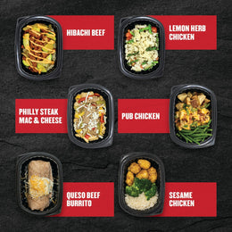 Clean Eatz Kitchen fan-favorite comfort meals including Hibachi Beef, Lemon Herb Chicken, Philly Steak Mac & Cheese, Pub Chicken, Queso Beef Burrito, and Sesame Chicken—wholesome frozen entrees with balanced macros for a nutritious lifestyle.