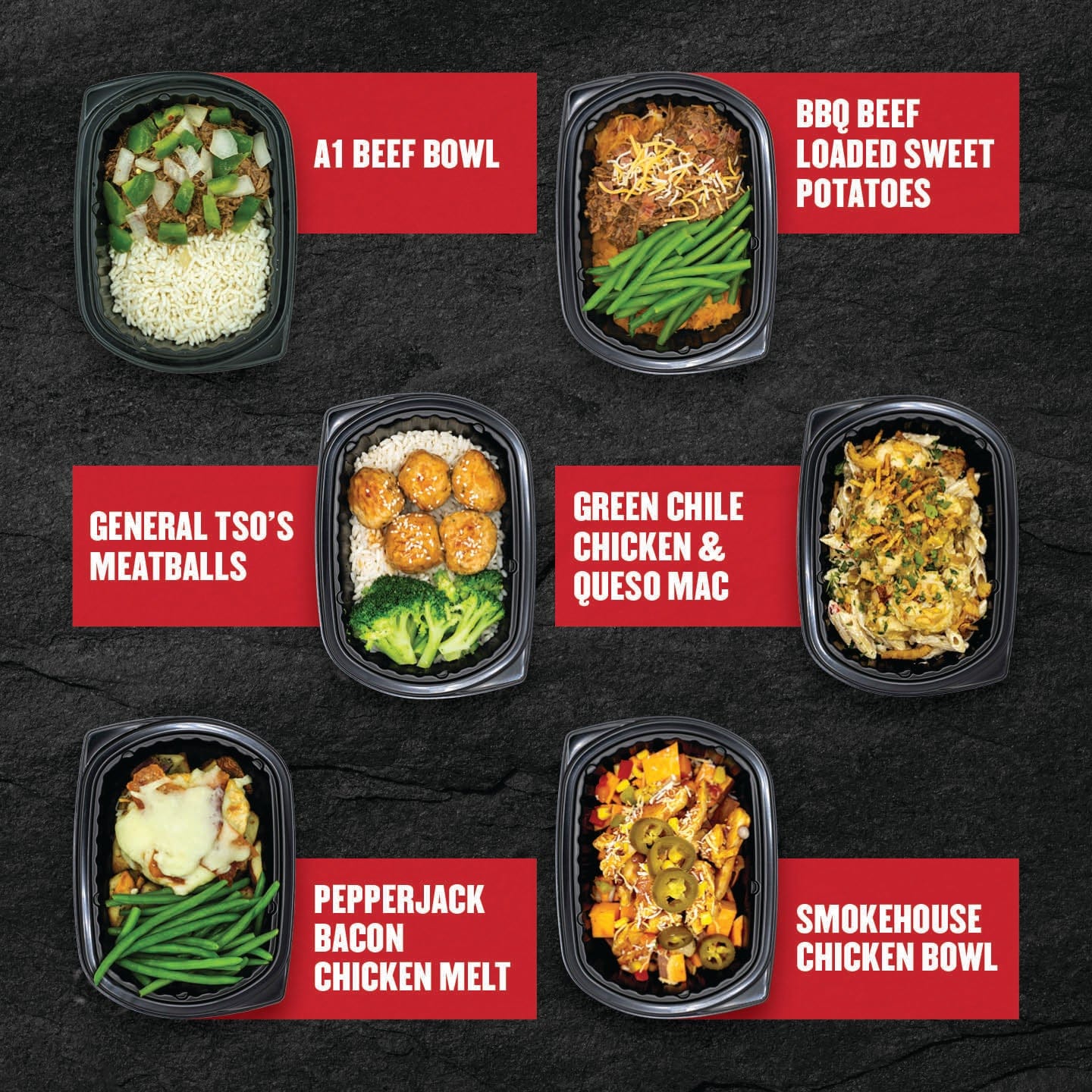 Clean Eatz Kitchen savory frozen meals including A1 Beef Bowl, BBQ Beef Loaded Sweet Potatoes, General Tso’s Meatballs, Green Chile Chicken & Queso Mac, Pepperjack Bacon Chicken Melt, and Smokehouse Chicken Bowl—chef-crafted meals packed with protein and flavor.