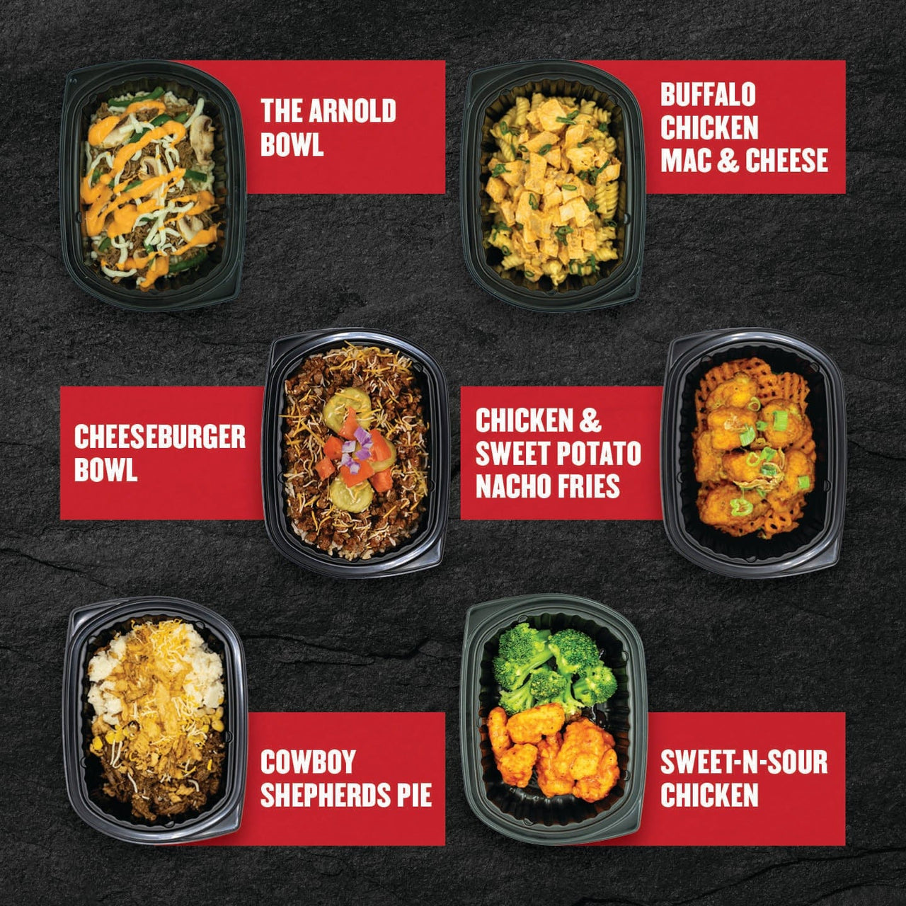 "Top-selling Clean Eatz Kitchen Hall of Fame meals including The Arnold Bowl, Buffalo Chicken Mac & Cheese, Cheeseburger Bowl, Chicken & Sweet Potato Nacho Fries, Cowboy Shepherd’s Pie, and Sweet-N-Sour Chicken—high-protein, heat-and-eat frozen entrees perfect for meal prep and healthy eating."