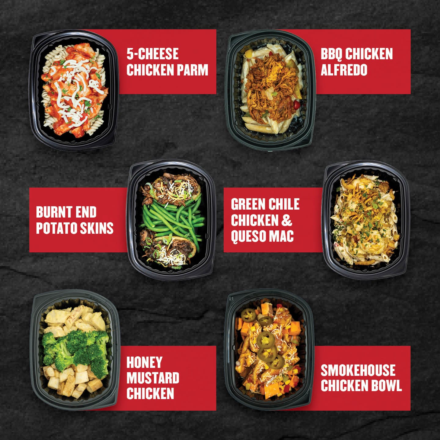 Six Clean Eatz Kitchen entrees - 5-Cheese Chicken Parm, BBQ Chicken Alfredo, Honey Mustard Chicken and more