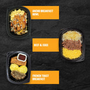 Clean Eatz Kitchen breakfast trio – Ancho Breakfast Bowl, Beef & Eggs, and French Toast Breakfast meals