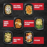 Clean Eatz Kitchen bowls — Beef Birria Power Bowl, Crispy Asian Chicken, Loaded Burger Bowl, Pesto Chicken Alfredo, Philly Beef Bowl, and Pizzalini