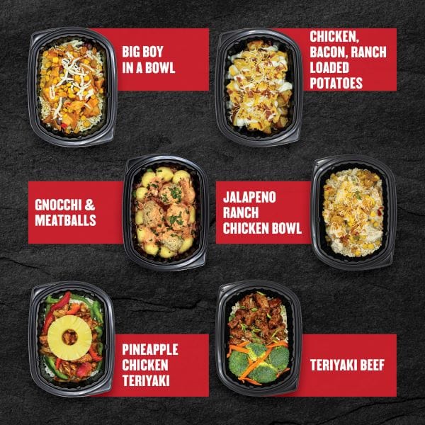 Clean Eatz Kitchen bowls — Big Boy in a Bowl, Chicken, Bacon, Ranch Loaded Potatoes, Gnocchi & Meatballs, Jalapeno Ranch Chicken Bowl, Pineapple Chicken Teriyaki, and Teriyaki Beef