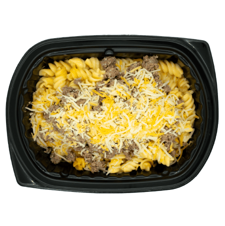Ground beef over rotini pasta topped with shredded cheese in a black meal tray.