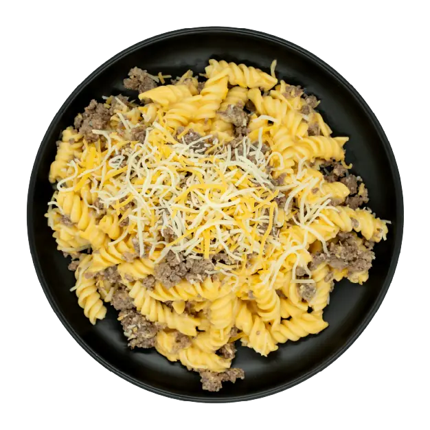 Ground beef over rotini pasta topped with shredded cheese on a black plate.