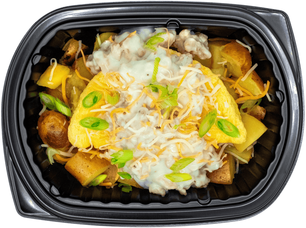 Chicken sausage gravy bowl with biscuit-style breakfast