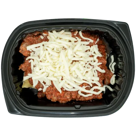 Chicken sausage lasagna with marinara sauce and shredded mozzarella cheese in a black meal tray.