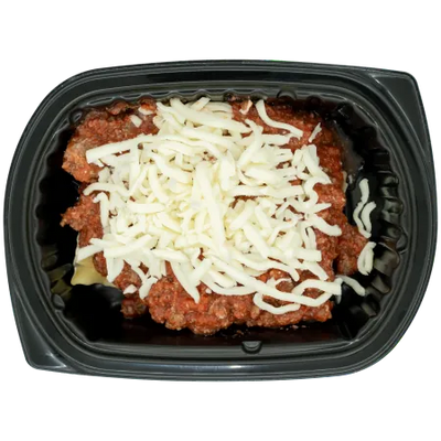 Chicken sausage lasagna with marinara sauce and shredded mozzarella cheese in a black meal tray.