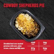 Cowboy Shepherds Pie in a black container on a dark background with nutritional information.
