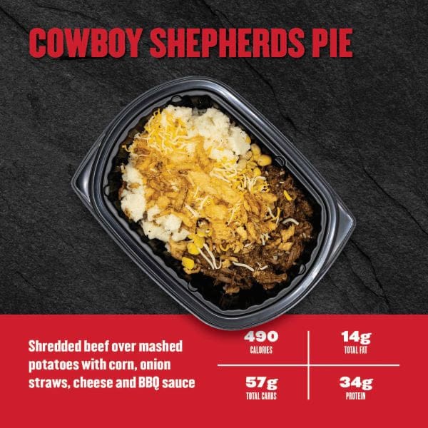 Cowboy Shepherds Pie in a black container on a dark background with nutritional information.