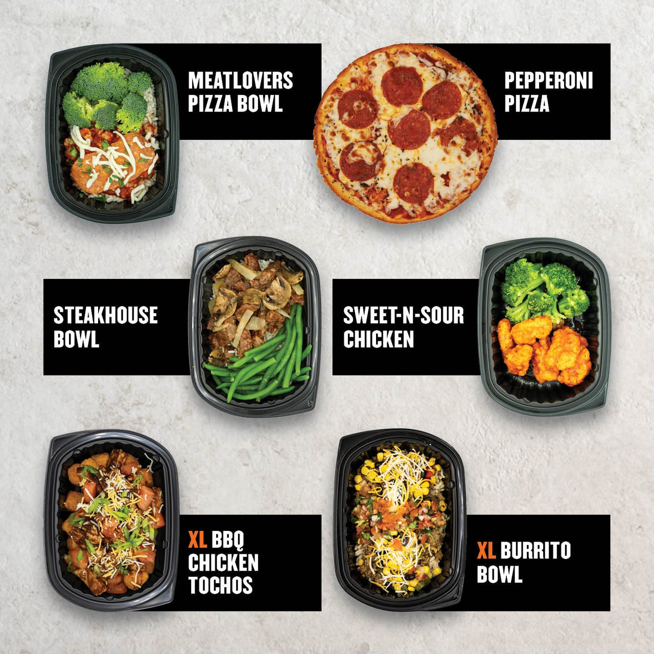 Alt Text: Clean Eatz Kitchen Meal Variety Pack including Meatlovers Pizza Bowl, Steakhouse Bowl, Sweet-N-Sour Chicken, XL BBQ Chicken Tochos, XL Burrito Bowl, and Pepperoni Pizza. High-protein, delicious, and easy-to-prep meals perfect for clean eating and maintaining a balanced diet.

