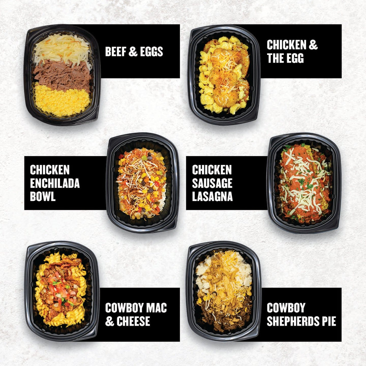 Gluten free menu options from Clean Eatz Kitchen featuring Beef & Eggs, Chicken & The Egg, Chicken Enchilada Bowl, Chicken Sausage Lasagna, Cowboy Mac & Cheese, and Cowboy Shepherd’s Pie in black microwave-safe containers.
