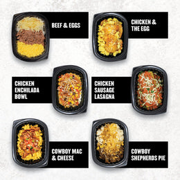Gluten free menu options from Clean Eatz Kitchen featuring Beef & Eggs, Chicken & The Egg, Chicken Enchilada Bowl, Chicken Sausage Lasagna, Cowboy Mac & Cheese, and Cowboy Shepherd’s Pie in black microwave-safe containers.

