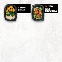 Clean Eatz Kitchen gluten free meal options featuring XL Sesame Chicken and XL Sticky Asian Chicken Bites in black meal prep containers on a white background.
