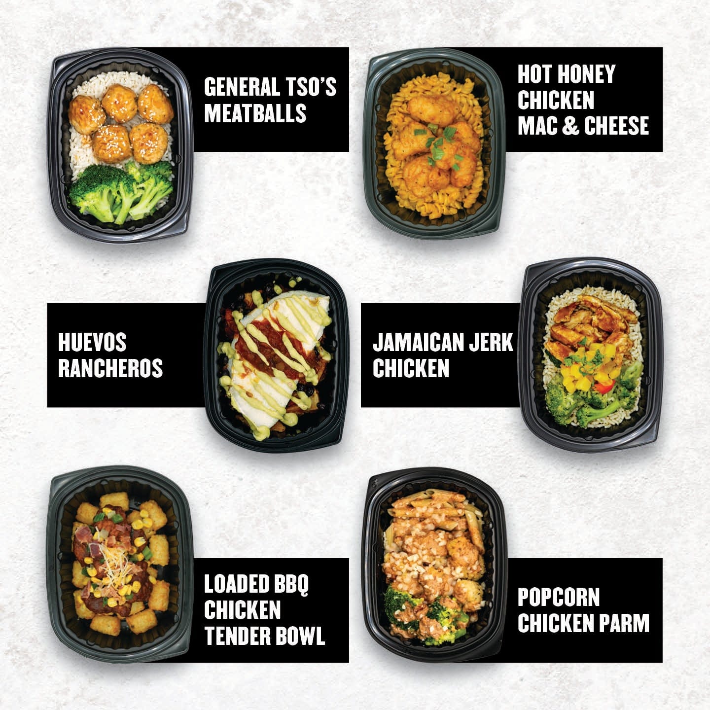 Clean Eatz Kitchen gluten free meals including General Tso’s Meatballs, Hot Honey Chicken Mac & Cheese, Huevos Rancheros, Jamaican Jerk Chicken, Loaded BBQ Chicken Tender Bowl, and Popcorn Chicken Parm.
