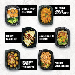 Clean Eatz Kitchen gluten free meals including General Tso’s Meatballs, Hot Honey Chicken Mac & Cheese, Huevos Rancheros, Jamaican Jerk Chicken, Loaded BBQ Chicken Tender Bowl, and Popcorn Chicken Parm.
