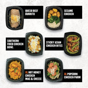 Gluten free meals from Clean Eatz Kitchen including Queso Beef Burrito, Sesame Chicken, Southern Fried Chicken Bowl, Sticky Asian Chicken Bites, XL Hot Honey Chicken Mac & Cheese, and XL Popcorn Chicken Parm in microwaveable black trays.
