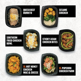 Gluten free meals from Clean Eatz Kitchen including Queso Beef Burrito, Sesame Chicken, Southern Fried Chicken Bowl, Sticky Asian Chicken Bites, XL Hot Honey Chicken Mac & Cheese, and XL Popcorn Chicken Parm in microwaveable black trays.
