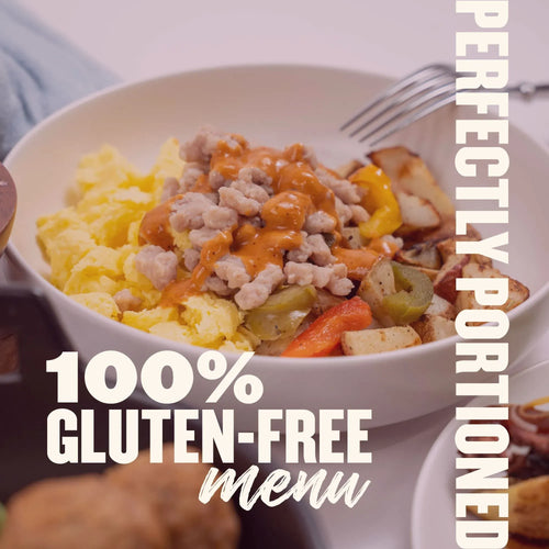 Gluten-free breakfast bowl with scrambled eggs, sausage, peppers, and potatoes from the gluten-free menu
