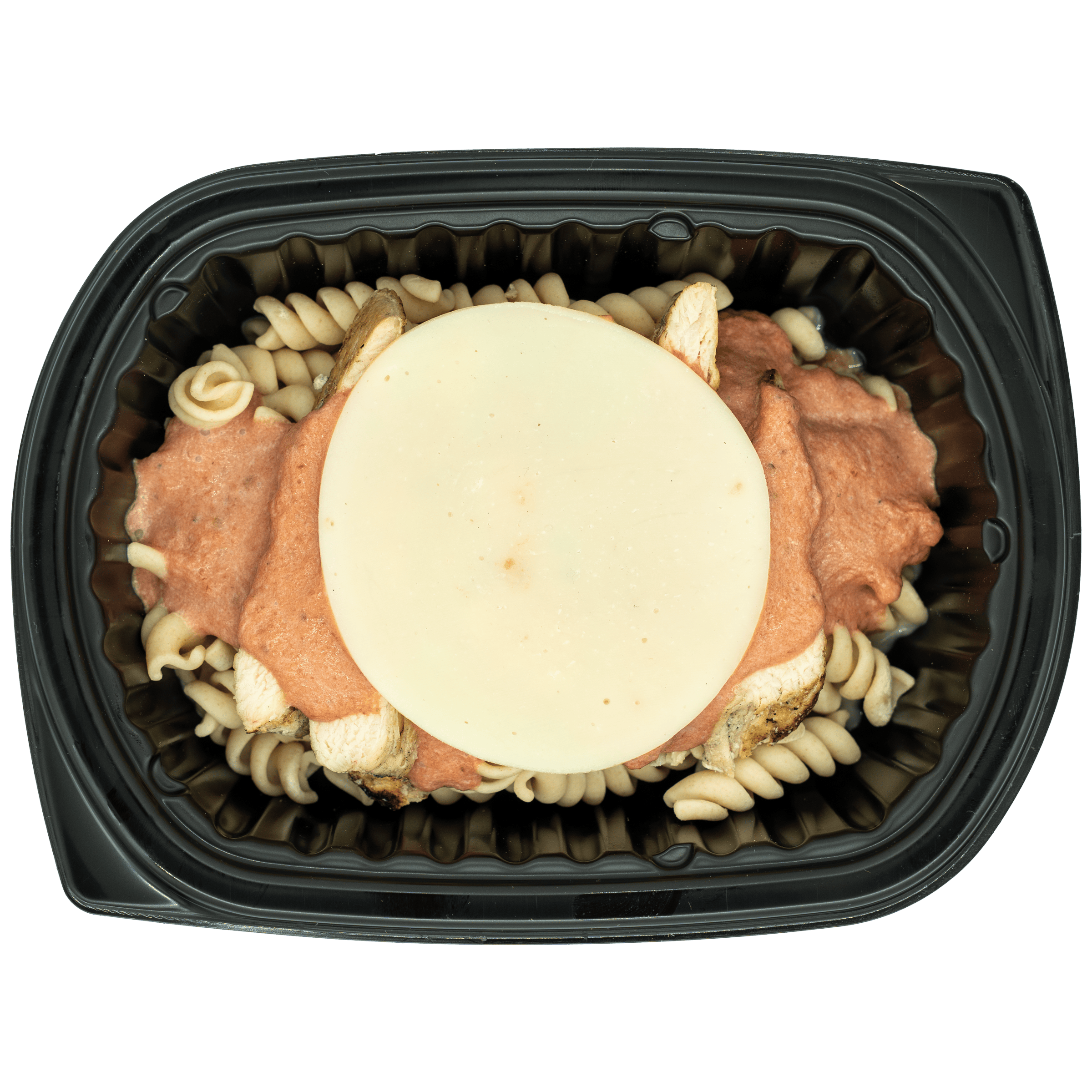 Prepared pasta dish with sauce and cheese in a black container on a white background